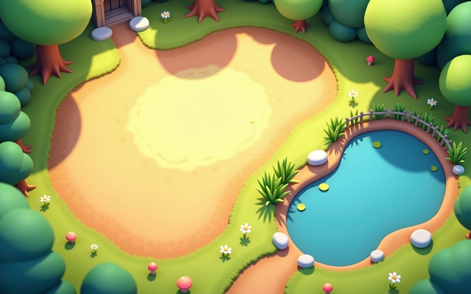 Top-down cozy camp clearing with pond, paths, trees, flowers, and mushrooms