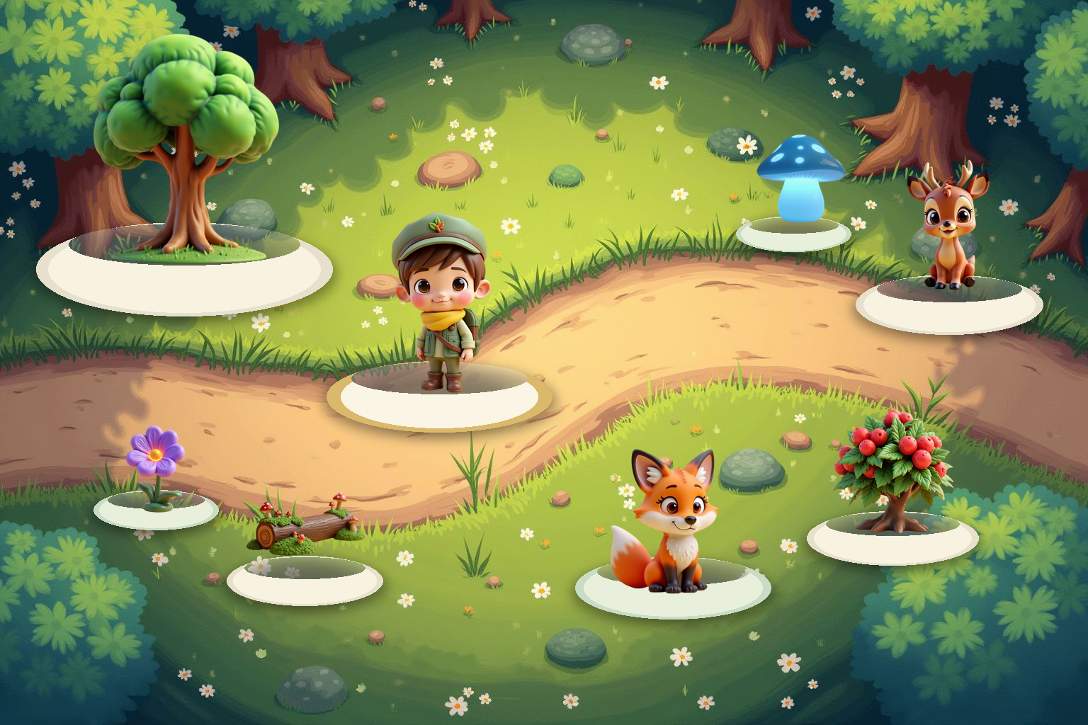 Avery's Forest Adventure in-game scene with a child hero, forest animals, trees, items, and paths
