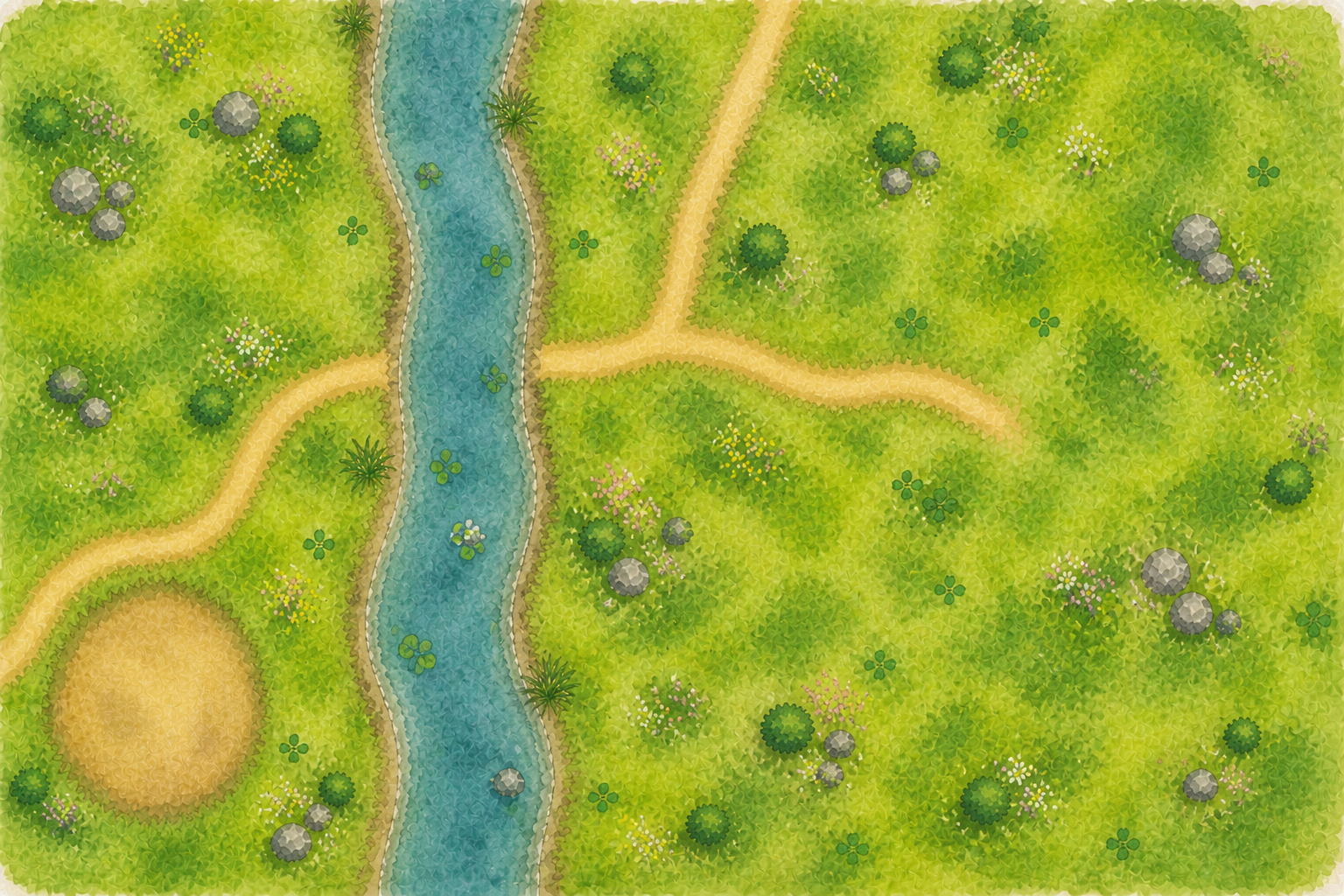 Top-down painted spring meadow level with stream, paths, grass, rocks, and flowers
